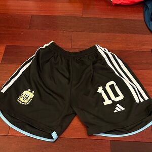 adidas Men’s Black Soccer Shorts with White Stripes and Light Blue Trim